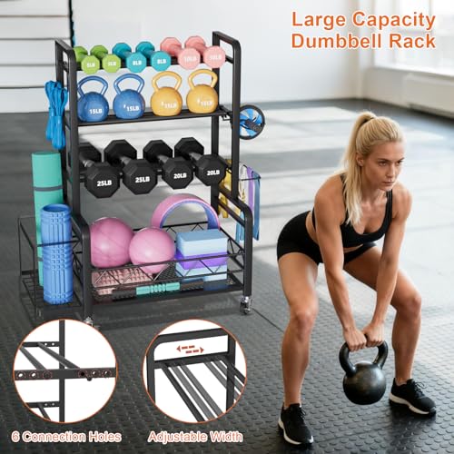 Dumbbell Rack, Adjustable Weight Rack for Home Gym, Metal Weight Stand for Dumbbells, Kettlebells, Yoga Gear, Multipurpose Workout Equipment Storage with 4 Wheels, Basket, Hooks, Black