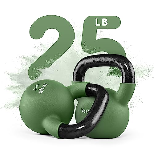 Yes4All Kettlebell, 5-65 LB Neoprene Coated Cast Iron Kettlebells, Wide Grip Handle & Flat Bottom for Swings, Squats, Deadlifts, Push Ups & Full Body Training at Home Gym - Single & Set - color: G. 25LB - Green Glimmer, style: A. Single