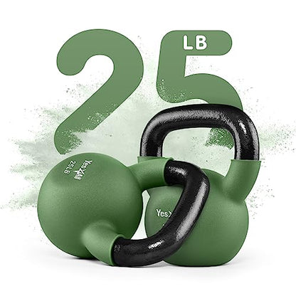 Yes4All Kettlebell, 5-65 LB Neoprene Coated Cast Iron Kettlebells, Wide Grip Handle & Flat Bottom for Swings, Squats, Deadlifts, Push Ups & Full Body Training at Home Gym - Single & Set - color: G. 25LB - Green Glimmer, style: A. Single