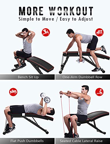 Workout Weight Benches 330lbs Capacity, Dripex Adjustable 7-levels Backrest Bench Press, Foldable Incline Decline Exercise Bench, 6 in 1 Flat Dumbbell Sits-up bench with Elastic Rope for Home Gym