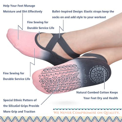 Ozaiic Pilates Socks for Women Non Slip Grip Yoga Barefoot Indoor Workout - color: 3 Pairs- Pink/Yellow/Blue