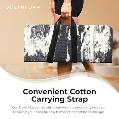 Travel Workout Mat – 0.3" Thick Folding Exercise Mat for Yoga, Pilates, & Fitness – Non-Slip with Cotton Carrying Strap, Made with Sustainable Algae Foam – 24" x 72" (Black Marbled)