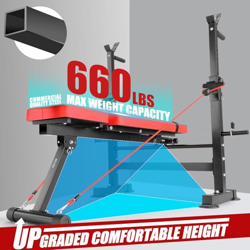 Standard Weight Bench Set with Foot Catch, Adjustable Bench Press Set with Squat Rack, Foldable Flat Incline Decline Workout Bench for Home Gym Full Body Training, 660LB Capacity (US Stock)