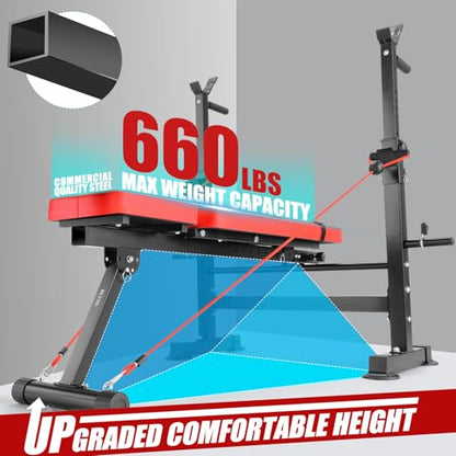 Standard Weight Bench Set with Foot Catch, Adjustable Bench Press Set with Squat Rack, Foldable Flat Incline Decline Workout Bench for Home Gym Full Body Training, 660LB Capacity (US Stock)