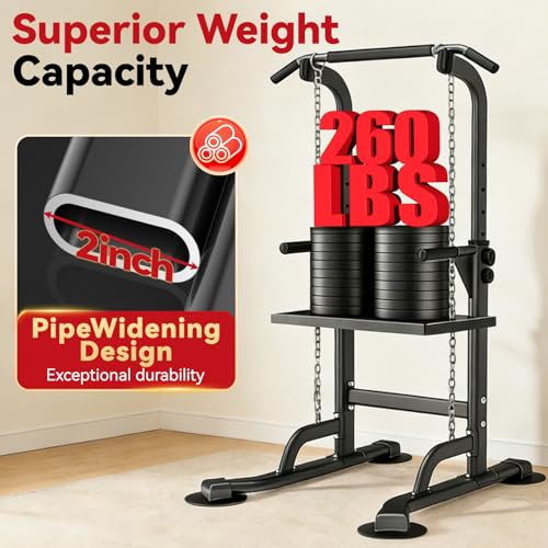 Power Tower Pull Up Dip Station Foldable, Pull Up Bar Station Adjustable, Multi-Function Home Gym, Strength Training Fitness Equipment, Triangular Design, for Home Outdoor - color: Black-Max 260 lbs