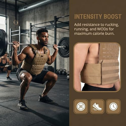 Tactical Weighted Vest for Men & Women Adjustable Strength and Endurance Workout Vest with MOLLE Panel Padded Shoulder Straps Breathable Mesh Quick Release Buckles for Running Rucking Training Fitness - color: Coyote