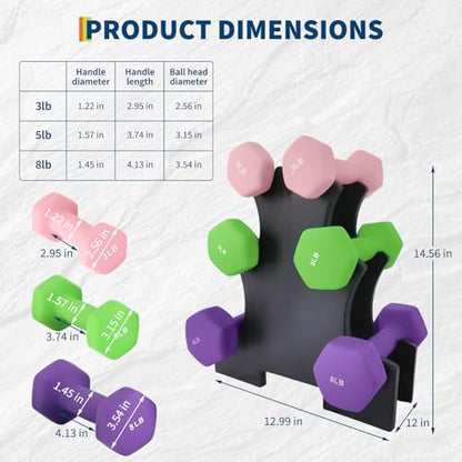 Dumbbell Weight Set for Women, Hex Neoprene Coated Dumbbell Sets,Hand Weight Set for Home Gym,Pairs - size: 3+5+8 LB