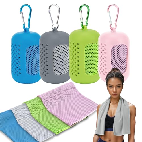 4 Pack Cooling Towels (40"x12"), Microfiber Chilly Towels Soft Breathable Gym Ice Towel for Workout, Yoga, Sport, Silicone Set Travel Sweat Towels Fast Drying Lightweight Cooling Neck Wraps - color: Blue/Green/Grey/Pink
