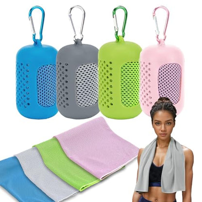 4 Pack Cooling Towels (40"x12"), Microfiber Chilly Towels Soft Breathable Gym Ice Towel for Workout, Yoga, Sport, Silicone Set Travel Sweat Towels Fast Drying Lightweight Cooling Neck Wraps - color: Blue/Green/Grey/Pink