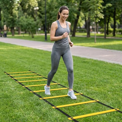Qtopun Agility Ladder Speed Training Ladder 12 Rung 20ft with Carrying Bag, Adjustable Soccer Training Equipment for Football Basketball Drills, Fitness Workout Sports Outdoor Exercise