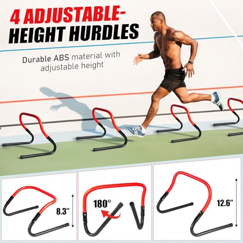 2 Pack Agility Ladder, Soccer Speed Training Equipment Set with Total 26 ft Agility Ladder, 12 Cones, 4 Adjustable Hurdles, Jump Rope, for Soccer, Basketball, Football, Kids, Youth, Adults - color: 4.Red