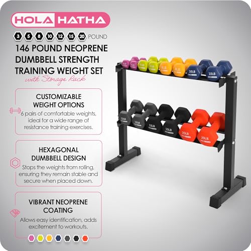 146 Pound Neoprene Coated Non Slip Dumbbells with Rack for Strength Training, Includes 3, 5, 8, 10, 12, 15, & 20 Pound Sets, Multicolor