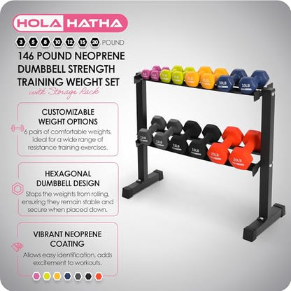 146 Pound Neoprene Coated Non Slip Dumbbells with Rack for Strength Training, Includes 3, 5, 8, 10, 12, 15, & 20 Pound Sets, Multicolor