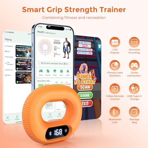 Smart Grip Strength Trainer with Bluetooth APP - Squeeze to Play Games & Scroll Video Hands-Free, Soft Silicone, Portable Hand Exercise for Strength, Stress Relief & Rehab - size: 40 LB