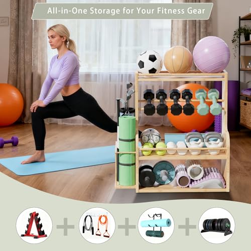 APRTAT Bamboo Dumbbell Rack, Adjustable Weight Rack for Home Gym, All-in-One Workout Equipment Storage for Dumbbells, Kettlebells, Yoga Mats & Balls