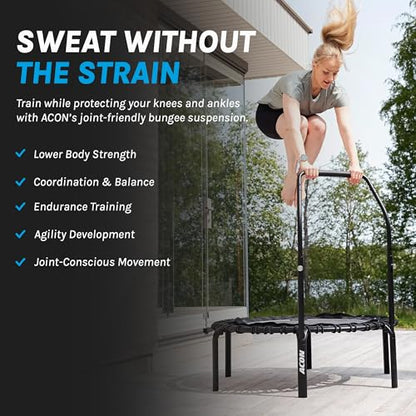 ACON FIT 55" Hexagon Mini Trampoline with Handle - Active Handlebar Excercise Trampoline for Adults, Indoor Cardio & HIIT Fitness Rebounder, 48 Bungee Cords, Adjustable Bar, 300 lb Capacity