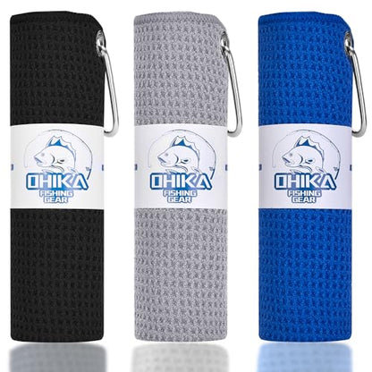 Microfiber Fishing Towels with Clip, Waffle Pattern for Effective Cleaning of Fishing Gears or Dirty Hands, 16” x 16”, Camping Towels, Hiking Towels, Pack of 3 (Black/Grey/Blue) - color: Black/Grey/Blue