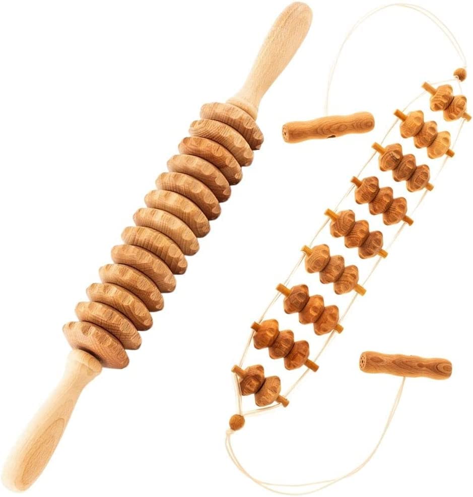 2 Pcs Wooden Sturdy Lymphatic Drainage Roller & Back Massager with Ropes, Maderotherapy, Body Sculpting- Recommended by Professionals (Roller & Massager) - color: Roller & Massager