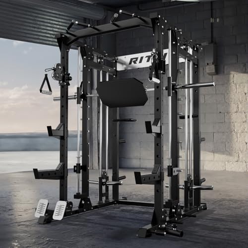 RitFit Buffalo Smith Machine, Power cage with LAT-Pull Down System & Cable Crossover System, All-in-One Squat Rack for Home Gym, Power Rack - color: BLACK, size: Package(With CP370)