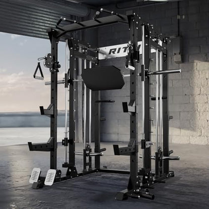 RitFit Buffalo Smith Machine, Power cage with LAT-Pull Down System & Cable Crossover System, All-in-One Squat Rack for Home Gym, Power Rack - color: BLACK, size: Package(With CP370)