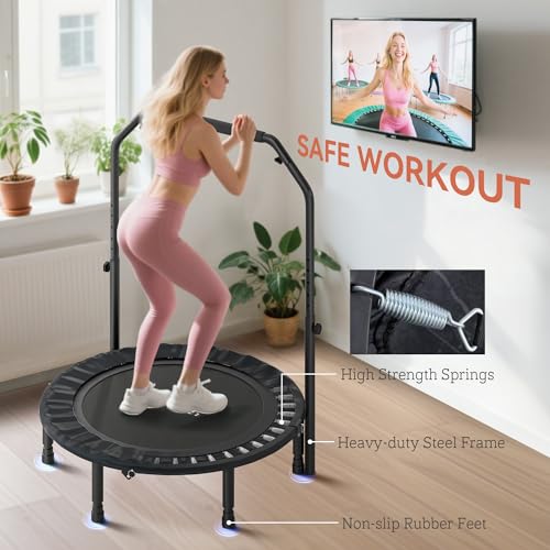 Soozier 40" Foldable Mini Trampoline, Rebounder Trampoline for Adults with Adjustable Foam Handle and Resistance Bands, Fitness Rebounder for Indoor Outdoor Workout, Max Load 330 lbs