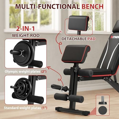 Foldable Weight Bench, Adjustable Workout Bench with Leg Extension, Preacher Pad, Extended Headrest, Space-saving Banco de Pesas for Home Gym, 800lbs Full Body Workouts Strength Training