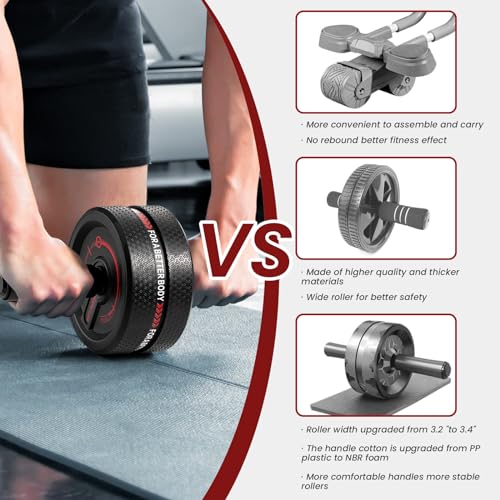 Upgraded Ab Roller Wheel. Abdominal Training Roller for Men/Women, Abdominal Wheels Widened to 3.4 ", Rubber Tread of The Abdominal Wheel Upgraded, Max Weight 490 lbs - color: Red