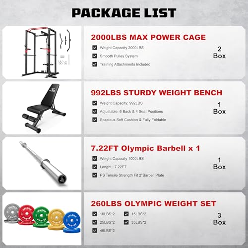 S11 Power Cage, 2000LB Multi-Function Power Rack with LAT Pulldown, Squat Rack with Adjustable Pulley System and Training Attachments, Weight Rack for Home Gym - style: 260LB Colored Weights Package