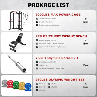 S11 Power Cage, 2000LB Multi-Function Power Rack with LAT Pulldown, Squat Rack with Adjustable Pulley System and Training Attachments, Weight Rack for Home Gym - style: 260LB Colored Weights Package