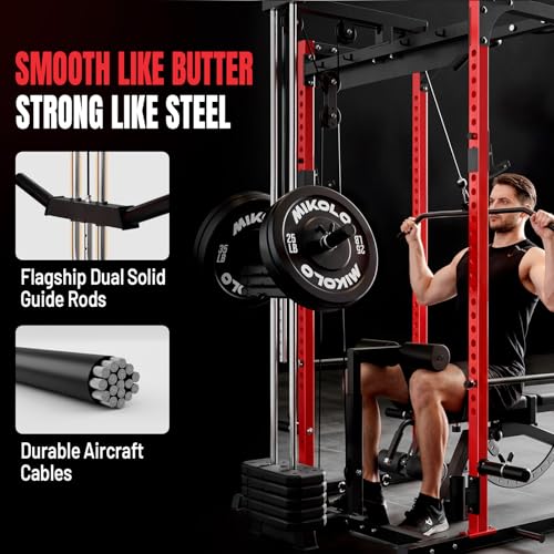 Mikolo F4 2.0 Power Cage with Dual-Track Smooth Pulley System, 1200LBS Power Rack with Leg Hold-Down for Heavy LAT Pulldowns - color: Red, size: F4 2.0 Elite (with Bench＆Bar＆230LB BP）