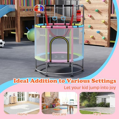 GYMAX 55" Trampoline for Kids, 440LBS 6 in 1 Toddler Rebounder with Swing, Basketball Hoop, Punching Bag, Rings & Bar, No-Gap Jumping Mat Mini Indoor Outdoor Trampoline - color: Pink-Green-Blue