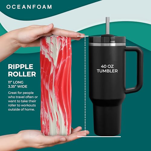 Ripple Travel Foam Roller (11" x 3.35") Firm Mini Foam Roller for Physical Therapy, Deep Tissue Massage, Back Pain - High Density, Ergonomic Wave Textured - Yoga, Exercise (Red Marbled)