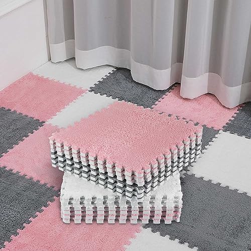 18 Pcs Plush Foam Floor Mat Square Interlocking Carpet Tiles with Border Fluffy Play Mat Floor Tiles Soft Climbing Area Rugs for Home Playroom, 12 x 12 x 0.4 in(White, Pink, Gray)