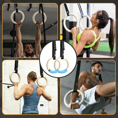 32mm Wooden Gymnastic Rings with Quick-Adjust Numbered Straps for Enhanced Workout Control, Designed for Strength Training, Home Gym, Calisthenics & Travel Fitness