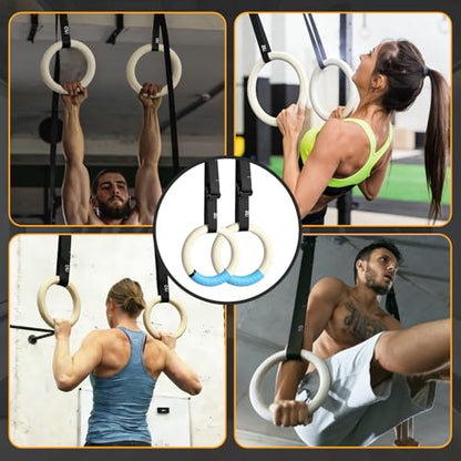 32mm Wooden Gymnastic Rings with Quick-Adjust Numbered Straps for Enhanced Workout Control, Designed for Strength Training, Home Gym, Calisthenics & Travel Fitness