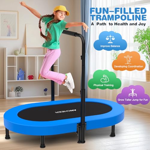 ANCHEER Trampoline, Mini Trampoline with Adjustable Handle -Indoor/Outdoor Rebounder for Kids & Toddlers, 56'' Safe Oval Fitness Trampoline with Bar for Home Fun