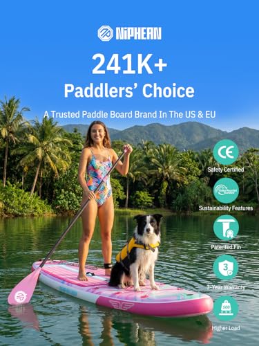 Niphean (Extra Large) Inflatable Paddle Board, SUP for 2+1 People/Family 500lbs Capacity Stand Up Paddle Board with SUP Accessories, StabilTrac Fin Non-Slip Paddleboard for Adults - color: Rose Red