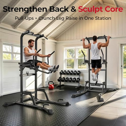 FLYBIRD 800LBS Heavy Duty Power Tower Dip Station, Adjustable Height Pull Up Stand with Crunch Leg Raise, Multifunction Strength Training Equipment for Home Gym Back Workout