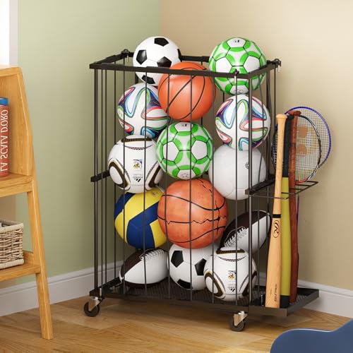 Garage Ball Storage With Baseball & Badminton Holder: Floor Sports Equipment Organizer, Sports Ball Rack With Elastic Rope, Ball Holder for Basketball, Soccer, Volleyball, Football, Garage, Gym, Black - size: Small, style: With Wheels And Bat Holder,Recta
