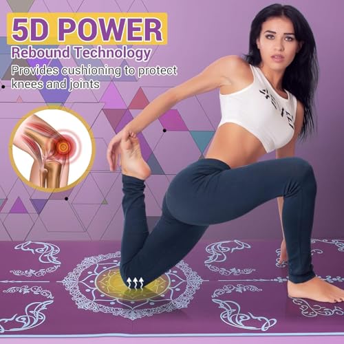 Avoalre Folding Yoga Mat, Eco-Friendly PVC Travel Yoga Mat Packable, Double Sided Non-Slip Printed Yoga Mats with Bag for Home Workout Gym Exercise Fitness Pilates Stretching (72" x 32" x 0.24" Thick) - color: Purple
