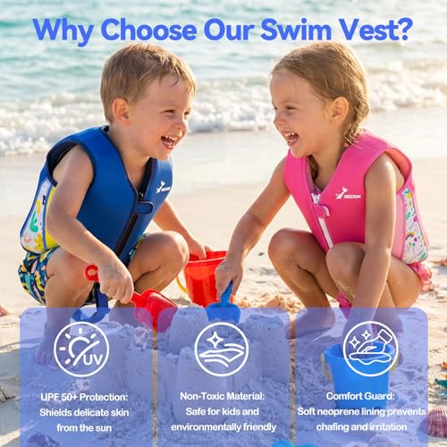 Swim Vest for Toddlers & Kids, Neoprene Swimming Aid Vest with Removable Floatation Pads, Adjustable Safety Strap & Secure Zip, Toddler Swim Trainer Floaties for Boys Girls 2-9 Years