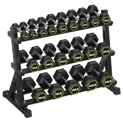 HANDBODE 3-Tier Dumbbell Rack Stand, 1000LB Capacity Storage Rack, Weight Rack for Dumbbells, Kettlebell, 390–700 lb Rubber Coated Fixed Weight Sets, Home Gym Strength Training Equipment - color: 400 lb Set (5-40 lb) *2 & Rack