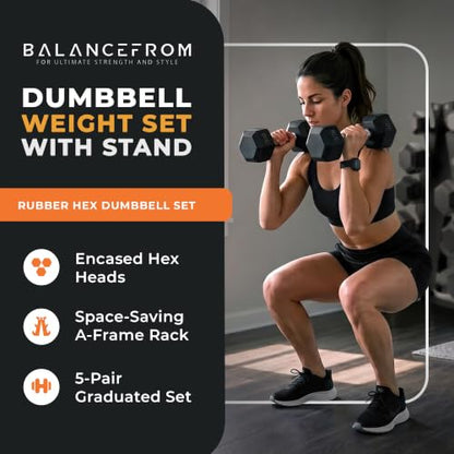 BalanceFrom Rubber Coated Hex Dumbbell Weight Set with Storage Rack, 100LB or 150LB or 200LB Set, 5-20 lbs or 5-25 lbs or 10-30 lbs Pairs - style: 200LB Set with Rack