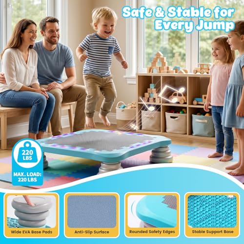 3-in-1 Mini Trampoline for Kids with Music & Lights, Indoor Outdoor Bounce Board, Removable Safety Handle, Sensory Balance Trainer, Non-Slip Base, Ages 3-12, Max 220 lbs