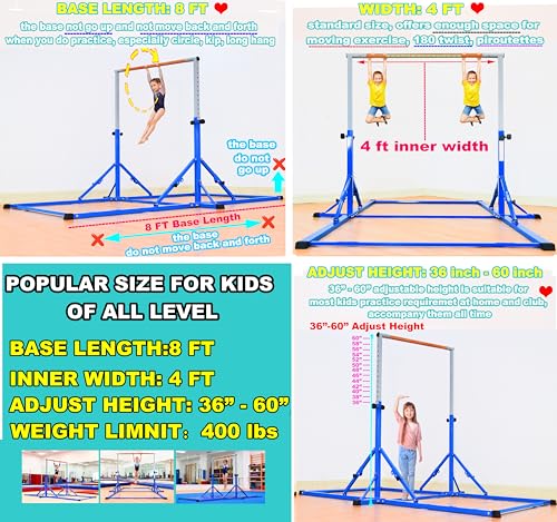 MARFULA Gymnastic Kip Bar for Kids Teens Ages 3-25 of All Gymnastic Levels - color: Blue (Bar with Mat - 8 Ft Base)