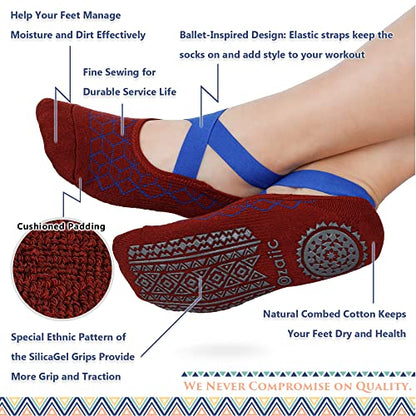 Ozaiic Pilates Socks for Women Non Slip Grip Yoga Barefoot Indoor Workout - color: Blue/Red-2 Pairs