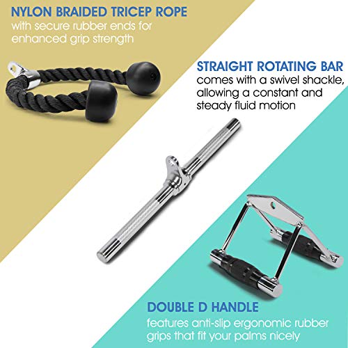 Yes4All Cable Machine Attachment, Row Handles, Tricep Rope, Straight Bar, V Bar, LAT Pulldown Accessories Load 880 LB for Home Gym - color: H. Double D Handle + TricepRope + Vshaped bar
