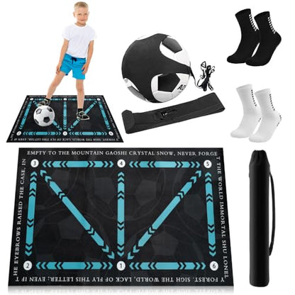 Soccer Training Mat with Video Guide & Grip Socks | 47“x32” Footwork Agility Mat for Ball Control & Speed | Non-Slip Soccer Practice Mat for All Ages, Home, Gym | Includes Training Equipment & Guide - style: 5-in-1 Ultimate