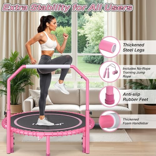 450 LBS Foldable Mini Trampoline for Adults with Adjustable Handle, 40" Indoor Rebounder with Quiet Bungee System, Compact Fitness Trampoline with Cordless Jump Ropes for Home Workout Exercise