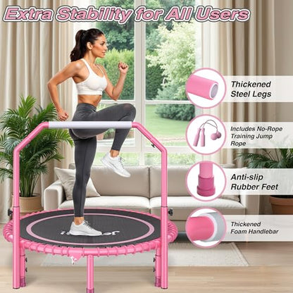 450 LBS Foldable Mini Trampoline for Adults with Adjustable Handle, 40" Indoor Rebounder with Quiet Bungee System, Compact Fitness Trampoline with Cordless Jump Ropes for Home Workout Exercise